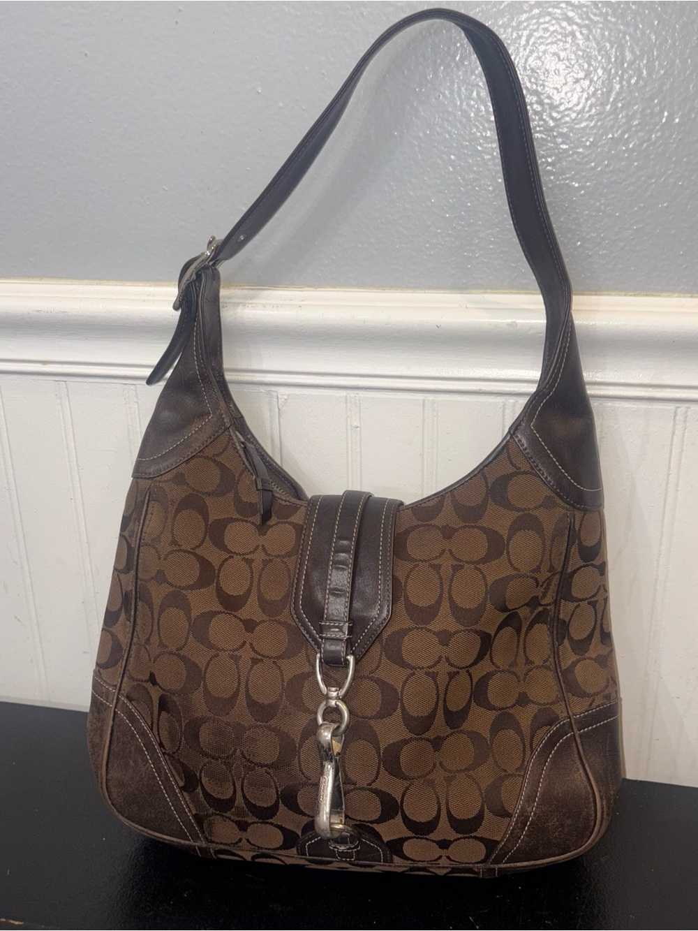 Vintage Coach Hobo Bag Y2K Black & Brown Signature Jacquard Print 8K03 Purse